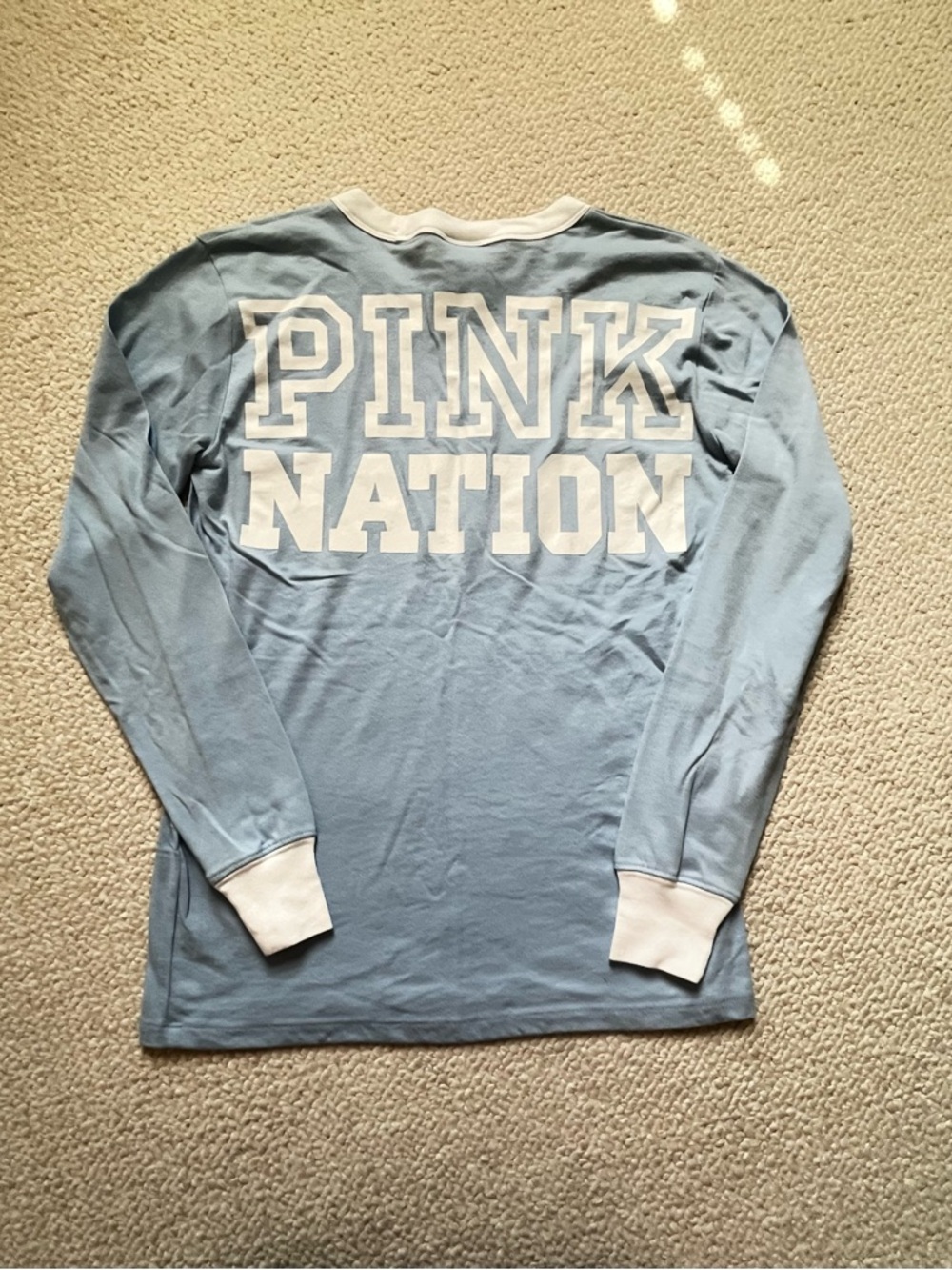PINK Victoria's Secret Light Blue Long Sleeve "PINK NATION" Tee with White Trim